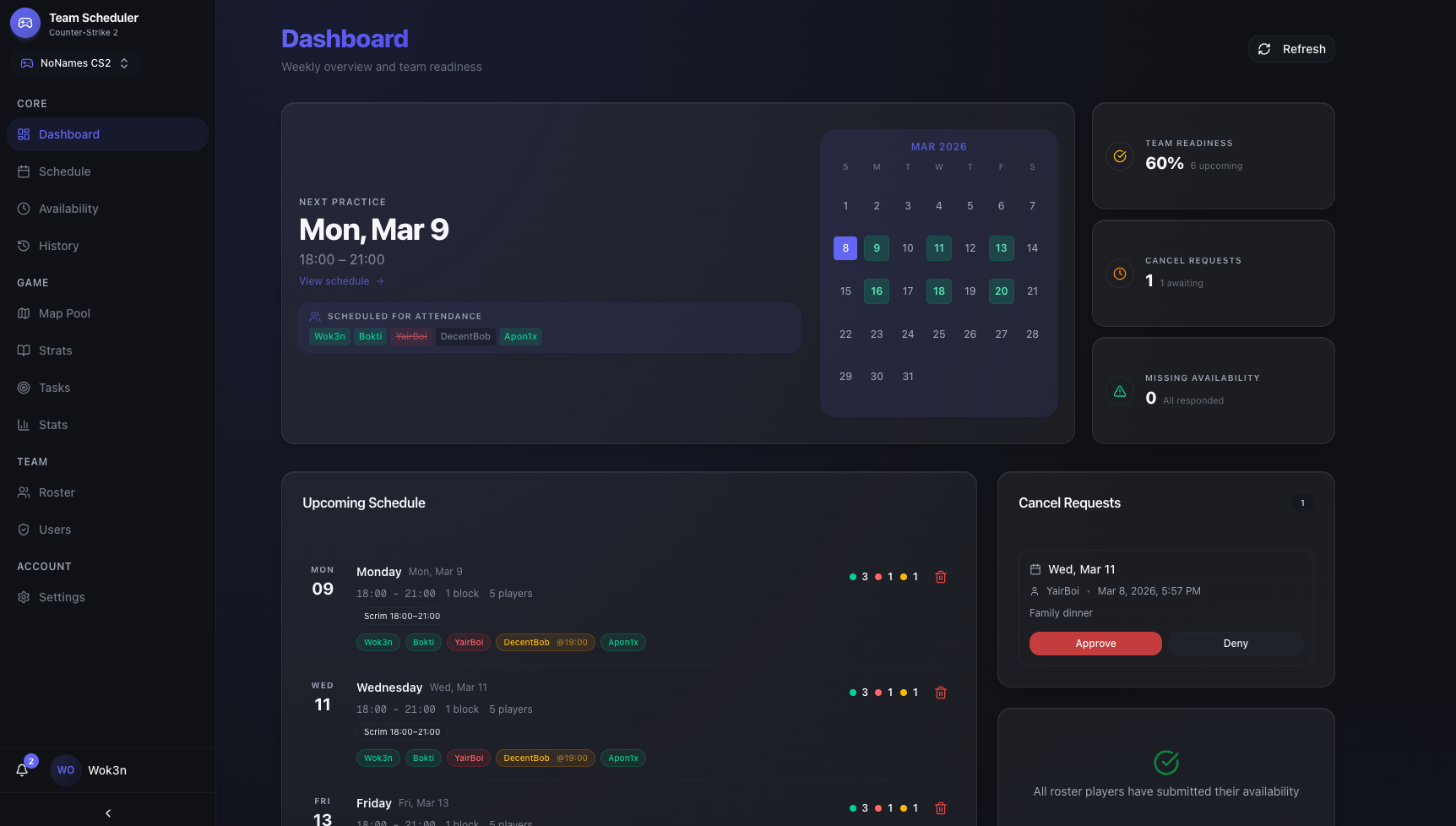 Team Scheduler dashboard with schedule, availability, and team workspace overview